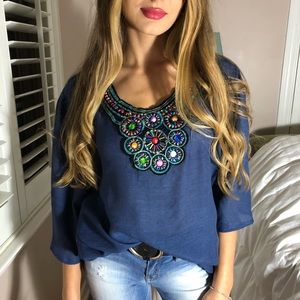 M Deifik Embroidered Lux Beaded Blue Top